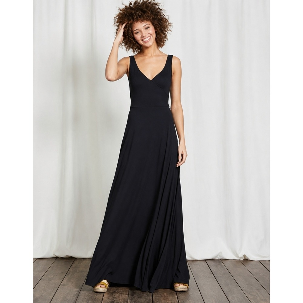 Boden Annecy Black Sleeveless Faux Wrap Maxi Dress V-Neck Pockets Size 6